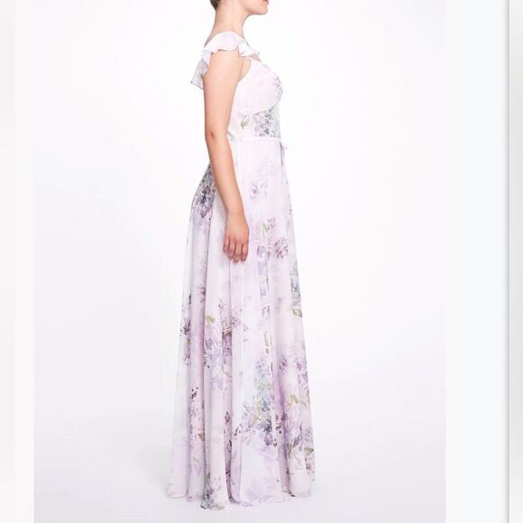 Marchesa Lilac Floral Chiffon Gown with Ruffle Cami Straps and Waist Tie Sz 0 - Picture 3 of 14